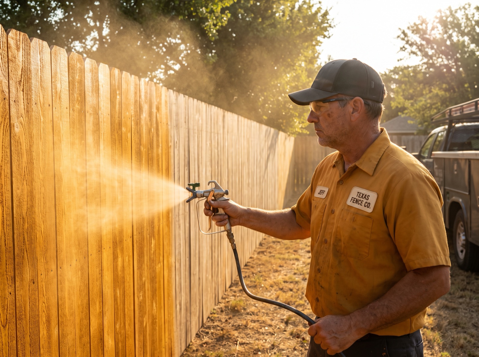 A Goldie's crew member in uniform hand-spraying golden stain onto a cedar fence