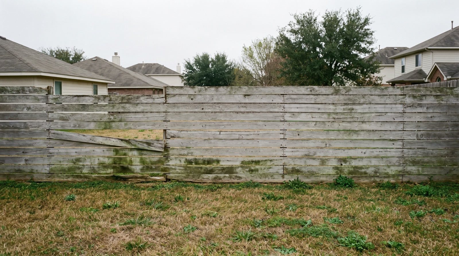 Faded horizontal-slat fence with algae before restoration