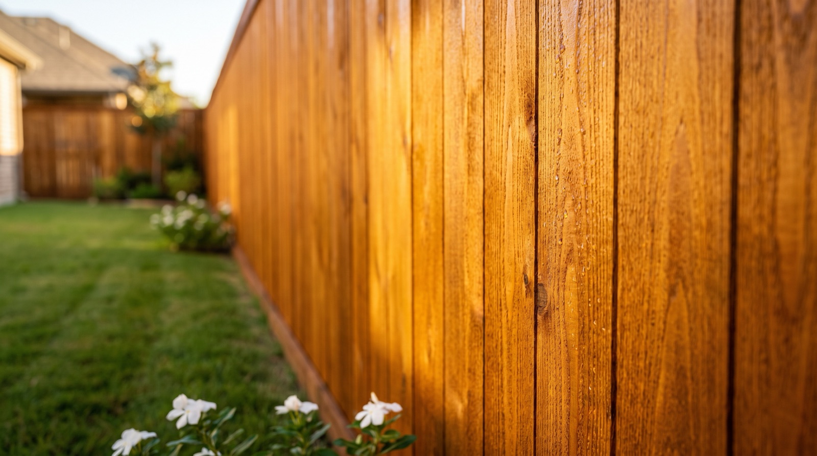 Freshly stained cedar fence glowing golden in late-afternoon light